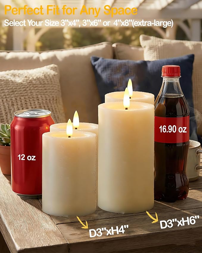 3"x4" Outdoor Waterproof Flameless Candles with Remote and Timers, LED Candles, Battery Operated Candles, Electric Fake Pillar Candles for Patio, Porch, and Lanterns Decor (Ivory, Plastic)