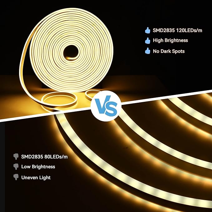 DELight AC 110-120V Waterproof IP65 Cozy 2700K Warm White 50ft Neon Rope Lights with Remote Control Dimmable Cuttable Flexible LED Strip Lights Outdoor DIY Retro Vibe DEL-D50W