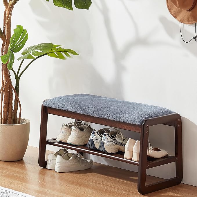 Shoe Rack Bench,2 Tier Solid Wooden Entryway Bench with Shoe Storage, Shoe Rack with Cushion for Living Room, Hallway(Grayish Blue, 31.5")