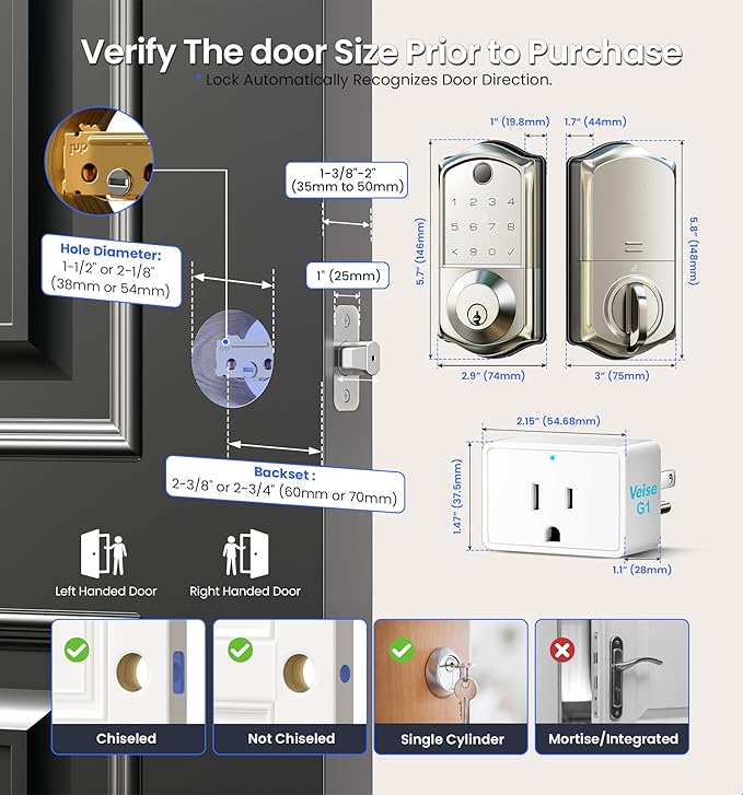 Veise VE017G Wi-Fi Keyless Entry Door Lock, App Remote & Voice Control, Fingerprint Smart Locks for Front Door, Touchscreen Electronic Keypad Deadbolt, Auto Lock, Emergency Power Port, Satin Nickel