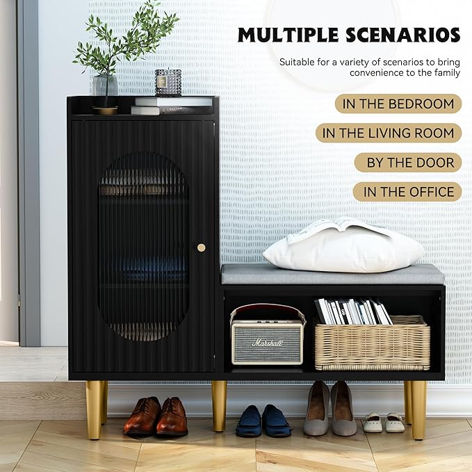 HLR Storage Bench with Glass Door&Shelf, Modern Entryway Shoe Cabinet Bench with Padded Seat, L-Shaped Storage Cabinet for Hallway, Bedroom, Living Room, Office, Black