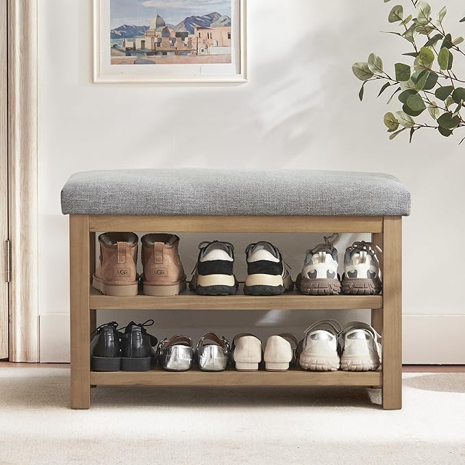 Shoe Rack Bench with Cushion, 2 Tier Solid Wood Storage Bench, Mid-Century Modern Shoe Bench for Entryway, Hallway, Closet, Front Door Entrance, Foyer (Grey, 31.5")