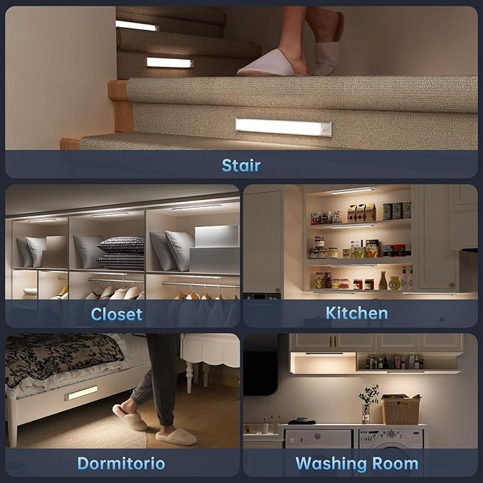 Under Cabinet Lighting,74 LED 2200mAh Rechargeable,Motion Sensor Light,3 Colors Dimmable,Magnetic Closet Lights,Indoor Night Lights for Kitchen Bedroom Stairs 5 Pack
