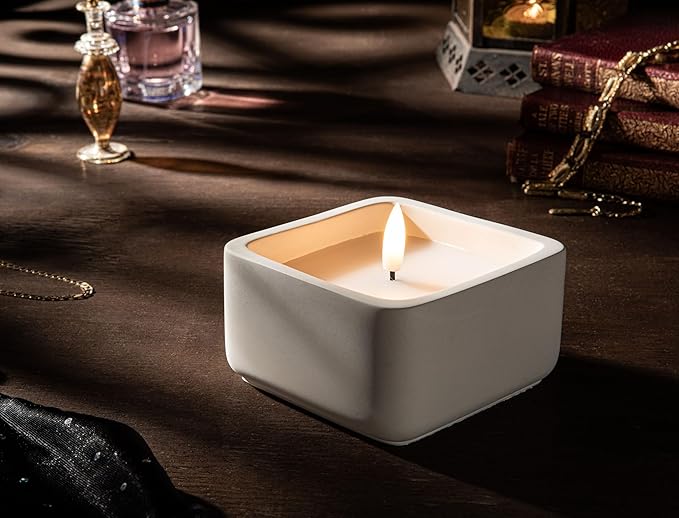 Square Flameless Candles (Ivory) - LED Flickering Fake Candles - Made of Real Wax in a Cement Base - an Ideal Gift.