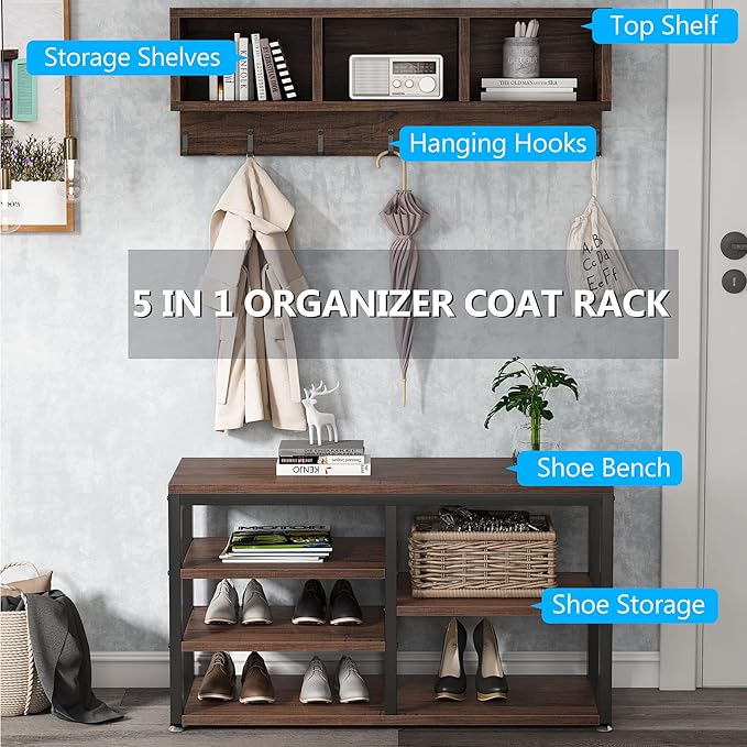 Tribesigns Industrial [Shoe] [Rack] [Bench] with Coat [Rack] Set with Hall Tree, 3 Storage Cubbies, 7 Hooks for Entryway, Hallway, 5-in-1Design, Rustic Brown
