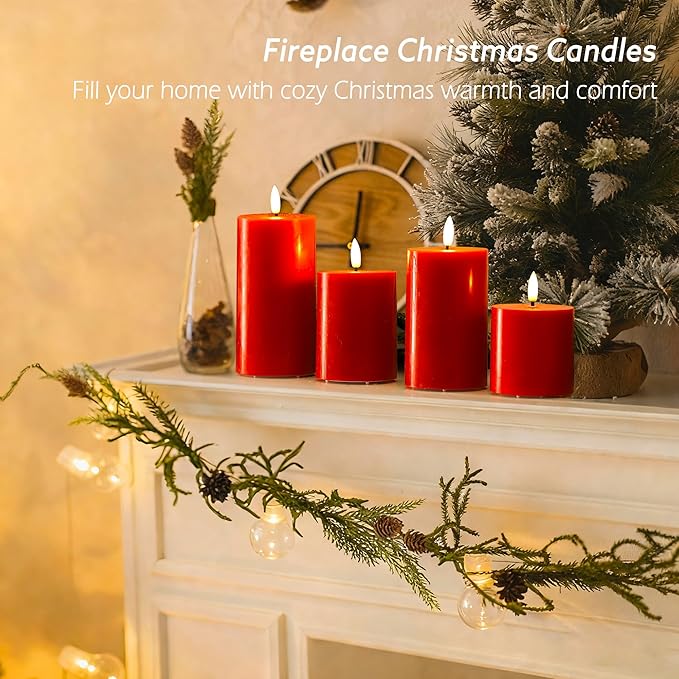 Red Flameless Pillar Candles with Remote Set of 4, Battery Operated Real Wax LED Candles, Perfect for Christmas Window, Romantic Dinner & Holiday Xmas Decor