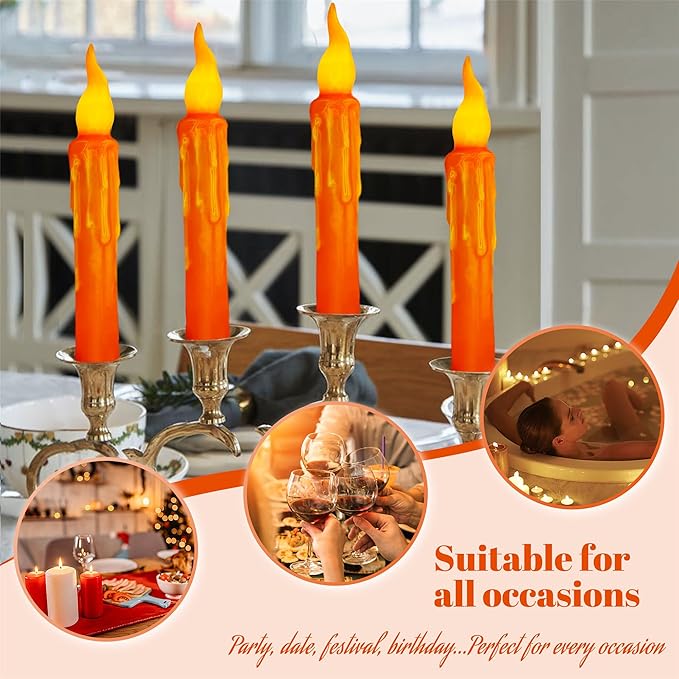 4pcs Orange Real Wax LED Tapered Candles, Battery Operated, Remote Controlled, 6inches, Perfect for Weddings, Decorations, Emergency Use