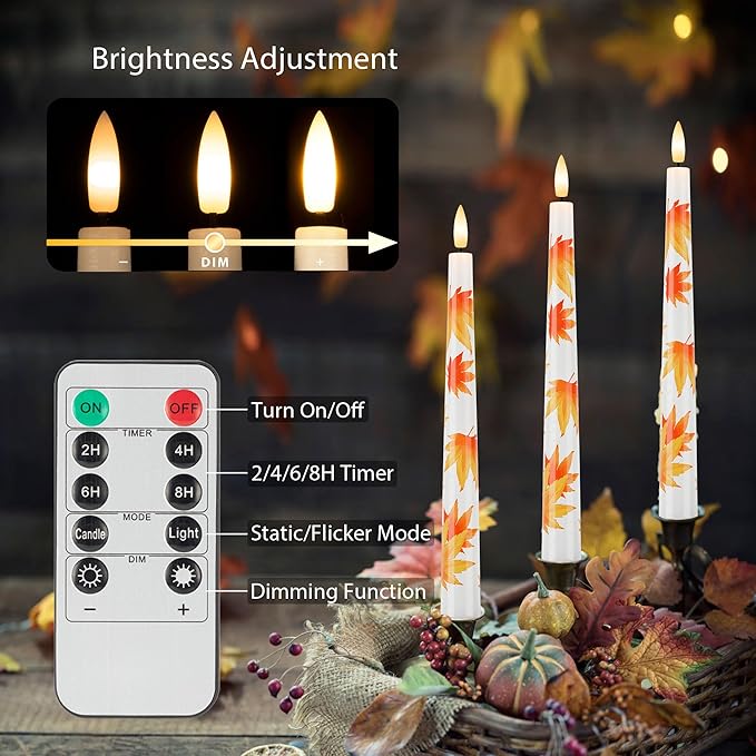 Fall Flameless Taper Candles, 9.6" Maple Leaf Battery Operated Candles with Remote, Real Wax Autumn Led Candle, Flickering Candlesticks for Fall, Thanksgiving, Harvest, Halloween Decor, 3 Pack