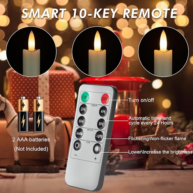 Flameless Taper Candles with Rmote, 9.6" Real Wax Battery Operated Candles with 3D Wick, 3 Pack Led Flickering Candlesticks, Electric Candle for Home, Wedding, Party, Decor, White