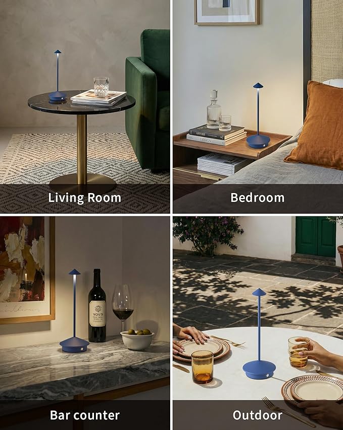 Modern Cordless Table Lamp Set of 2, Portable LED Desk Lamps, 4000mAh Rechargeable Battery Operated Lighting for Bedroom Dining Room Restaurant Coffee Shop Outdoor Camping Night Light (Blue)