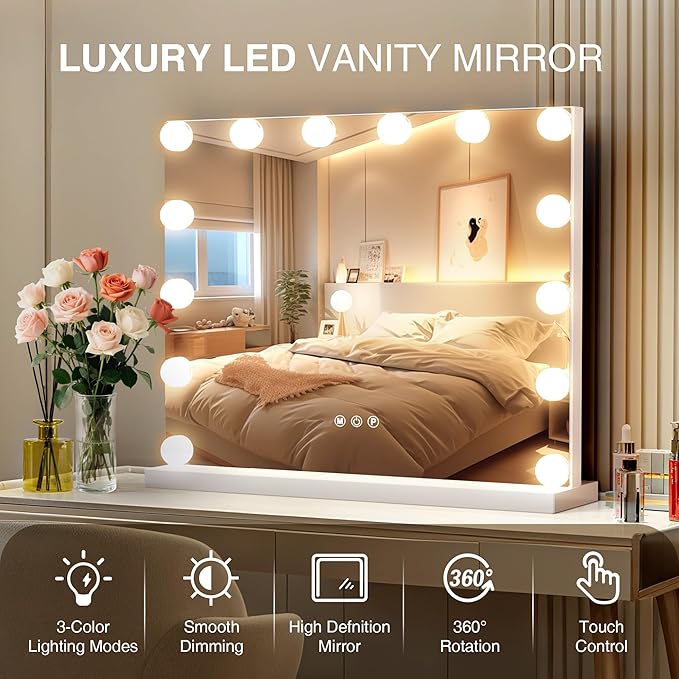 Vanity Makeup Mirror with Lights,Hollywood Vanity Mirror with 3 Color Modes,Lighted Vanity Mirror with Dimmable LED Bulbs &10X Magnification for Desk,Bedroom,Tabletop (White, 20.5" x 15.7")