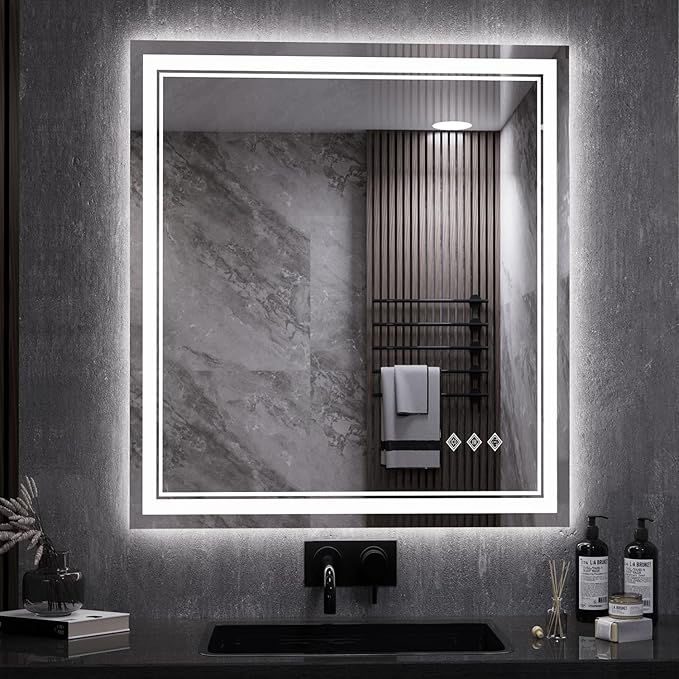 LED Bathroom Mirror, 28x32 Inch Gradient Front and Backlit LED Vanity Mirror, 3 Colors Dimmable CRI>90 Double Lights, IP54 Enhanced Anti-Fog, Hanging Plates Wall Mount Backlit Mirror