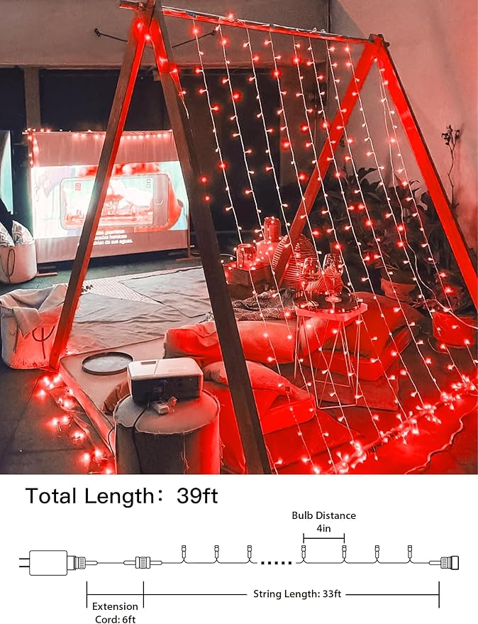 String Lights Indoor Bedroom, 33FT 100 LED Fairy String Lights Outdoor Waterproof, 8 Modes Memory Twinkle Christmas Light Plug in for Classroom Dorm Patio Tree Garden Decor (Red)