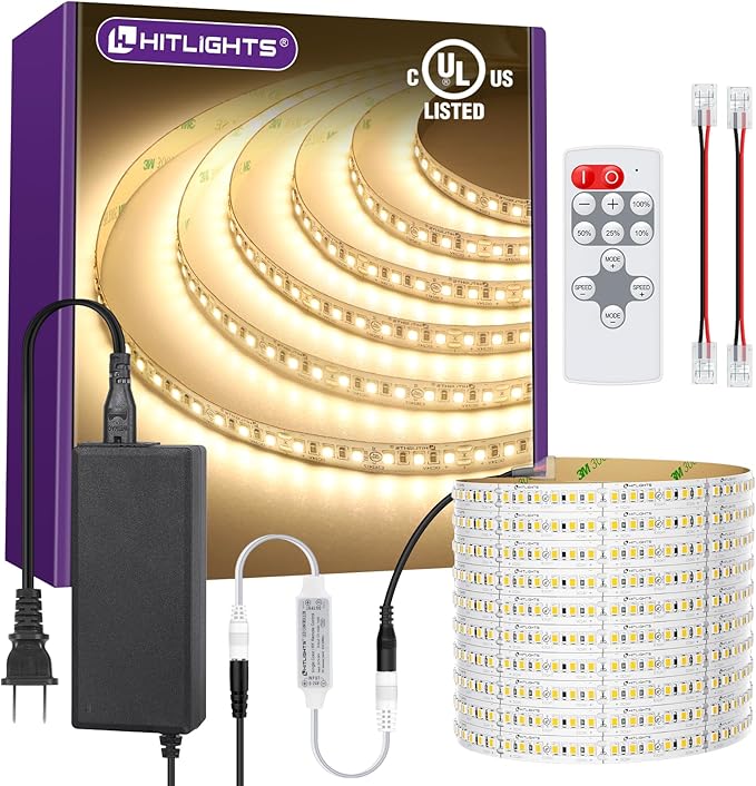 HitLights LED Strip Lights Kit Warm White with Remote & 24V Power Supply, 16.4ft Dimmable Tape Light 3000K, 600 LEDs, 425 lm/ft, CRI 90+, IP30, UL Listed, Lighting for Bedroom, Kitchen, Under Cabinets