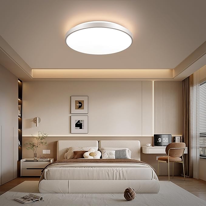 HOREVO LED Bluetooth Ceiling Light with Speaker Remote Control‌ Dimmable RGB Color Changing, Modern Flush Mount for Living Room, Bedroom, Kitchen, Laundry，Silver 16inch