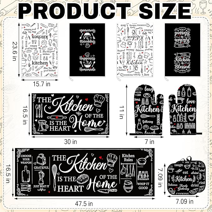 Black and White Kitchen Decor Set 10 Piece - Chalkboard Art Baking Theme Kitchen Rugs, Oven Mitts, Pot Holders and Towels - Modern Farmhouse Kitchen Rules Accessories