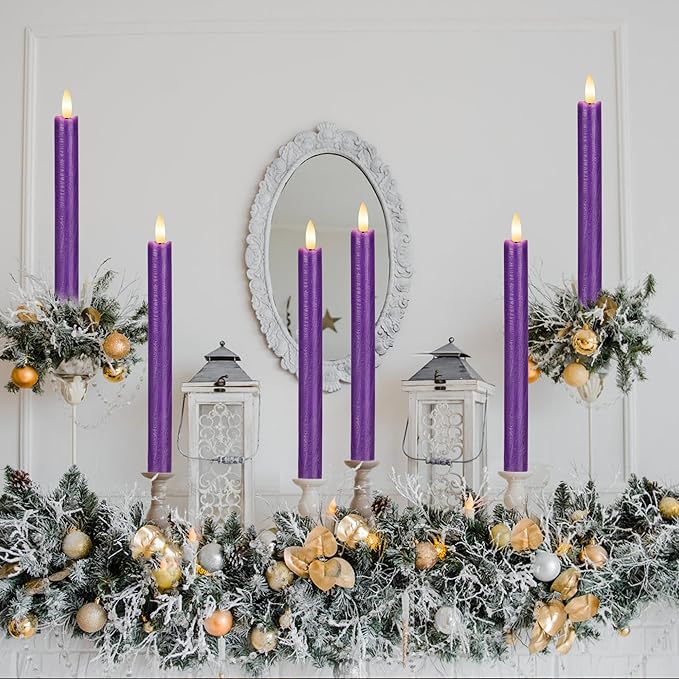 Purple Flameless Taper Candles with Remote, 3 Pack Real Wax Battery Operated Candles, 9.6 Inch Flickering Led Christmas Candlesticks Decorations for Winter Home Holiday Xmas Gift