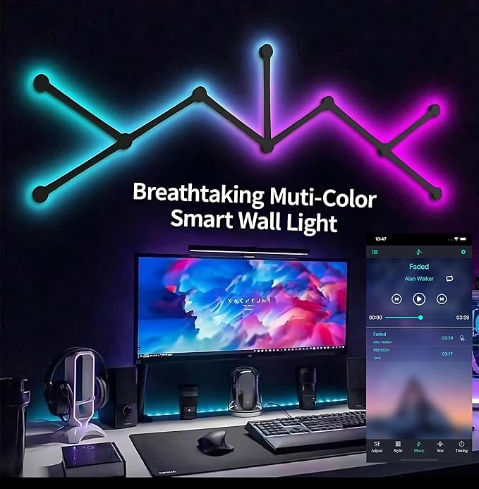 STONEBROOK Smart WiFi RGBIC LED Wall Light Bars,16M+ Colors,Music Sync,LED Wall Light Lines DIY Modular Design for Gaming Room,Home Decor,Streaming Lover,Works with Alexa & Google Assistant - 9 Pack