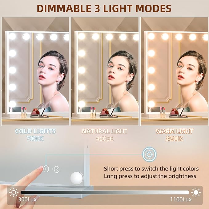 FENCHILIN Vanity Mirror with Lights and Bluetooth Speaker 22.8"x 18.1" Makeup Mirror Lighted Hollywood Mirror with 15 Dimmable LED Bulbs USB Charge Port, 3 Color Lighting Modes