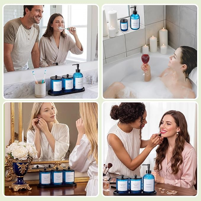 Yaomiao 5 Pack Bathroom Accessories Set, Modern Bathroom Decor Sets, Glass Liquid Soap Dispenser, Vanity Tray, Toothbrush Holder, Cotton Swab Jars with Lids for Sink Countertop(Blue,Striped)