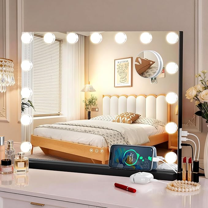 Vanity Makeup Mirror with Lights,Hollywood Vanity Mirror with 3 Color Modes,Lighted Vanity Mirror with Dimmable LED Bulbs &10X Magnification for Desk,Bedroom,Tabletop (Black, 22.8" x 18.1")