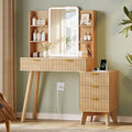 Vanity Desk With HD Lighted Mirror and Lights, Fluted Small Makeup Vanity with Storage Drawers & Shelves, Modern Dressing Table Set with Power Outlet & Glass Table Top for Women Girls Bedroom, Oak
