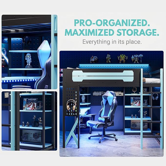MERITLINE Ultimate Gaming & Study Loft Bed: Full Size Wood Frame with Integrated Desk, RGB Lights, Charging Station, Bookshelf & Pegboard (Black+Blue)
