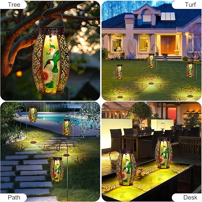 Larekook Hummingbird Solar Lantern Outdoor Waterproof,13" Large Hanging Lantern Decorative,Metal Hummingbird Solar Lights for Yard Table Porch Patio Garden Decor,Birthday Gifts for Women Mom