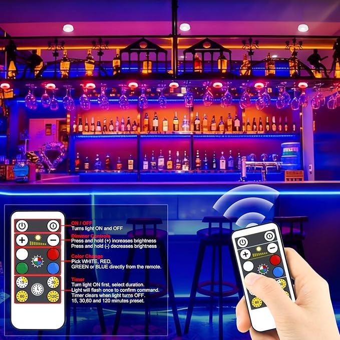Puck Lights with Remote , Wireless Under Cabinet Lighting,Color Changing Tap Lights with Dimmer and Timer, AAA Battery Operated Light Push Lights Stick on for Closet, Bedroom Wall, Under Cabinet