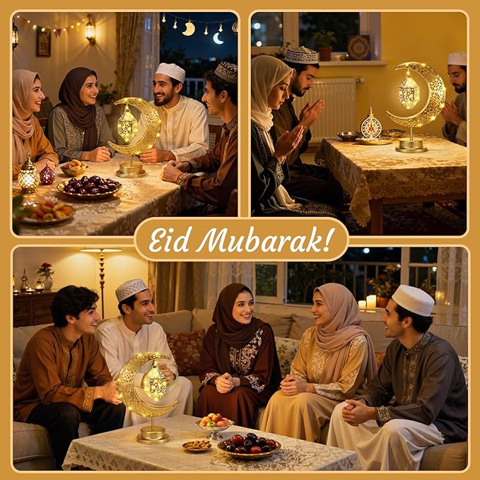 Lewondr Ramadan Moon Lamp, Crescent Moon with Ramadan Lantern, Battery Powered Gold Desk Lamp Decorations Crescent Table Light Bedside Night Stand Desktop Living Room Home Decor, Eid Mubarak Decor