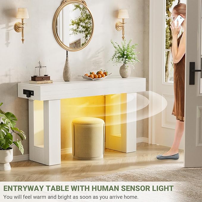 Unikito 47" Entryway Table with Socket and Sensor Light, Narrow Console Table with Storage Behind Couch, Farmhouse Entry Way Tables with Open Storage for Entrance/Hallway/Living Room, Antique White