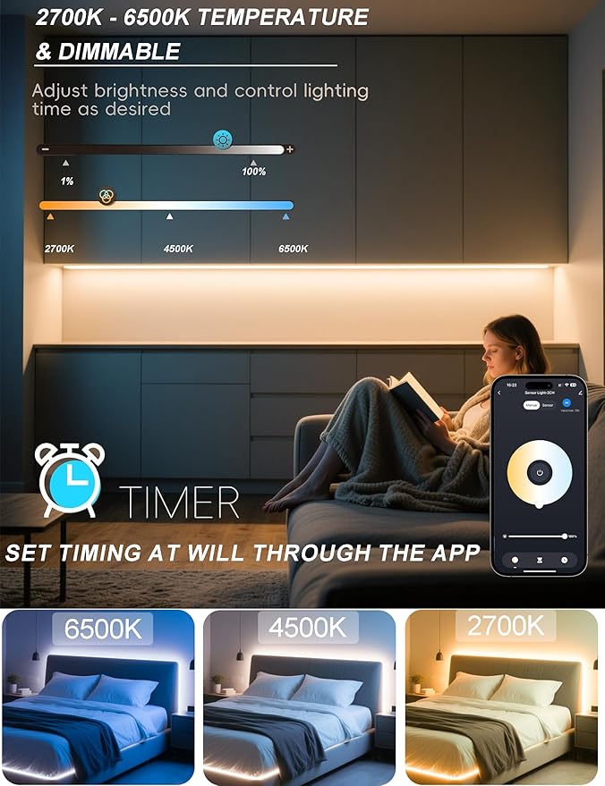 42inch WiFi LED Under Cabinet Lighting Plug in, Radar Motion & Ambient Light Sensor Silicone White 2700K-6500K, Wireless APP Control Dimmable Timing, for Google Home Alexa, for Kitchen Under Counter