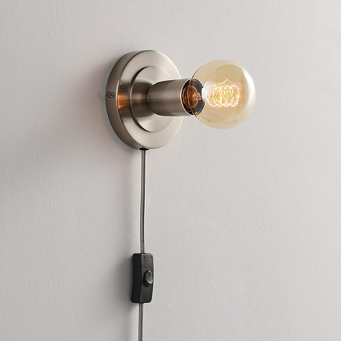 BRIGHTTIA Luna 1-Light Plug-in Wall Sconce - Mid Century Modern Minimalist Bedroom Home Office Lighting - Portable Wall Lamp for Apartments & Small Spaces with No J-Box - Brushed Nickel (BW0026-1NP)