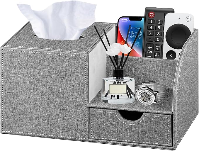 Nightstand Organizer with Tissue Holder,PU Leather Square Tissue Box Cover,Modern Facial Paper Organizer Storage Box for Remote Control,Bathroom,Vanity Countertop,End Table Home Office.Gray