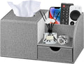 Nightstand Organizer with Tissue Holder,PU Leather Square Tissue Box Cover,Modern Facial Paper Organizer Storage Box for Remote Control,Bathroom,Vanity Countertop,End Table Home Office.Gray