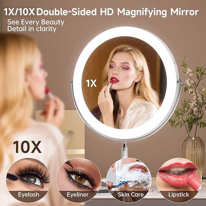 11.8" Extra Large Lighted Makeup Mirror, 1X/10X, 2-Sided Magnifying Mirror with 96 LEDs, 3 Color Dimmable Lights, 360° Swivel, LED Vanity Mirror, White - Great Gift Chrome