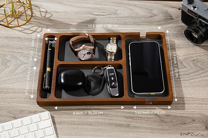 Shinpuru Wooden Valet Tray for Men, Nightstand Organizer with Leather Inlay, EDC Essentials Catchall Tray for Keys, Phone, Wallet, Watch, Earbuds - Bedside Desk Entryway Tray (Wood-Pen)