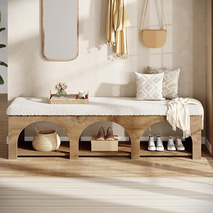 Tribesigns 63" Upholstered Entryway Bench, 2-Tier Entry Shoe Bench with Cushion and Storage Shelf, Farmhouse Padded Bench for Bedroom, Hallway, Foyer, Wood Color