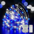 LAMPHOME 100 LED 33FT Blue and White Fairy Lights Battery Operated with Remote, Mini Starry String Lights Multi Functions & Timer,Twinkle for Christmas Home Bedroom Wedding DIY Centerpiece Decor