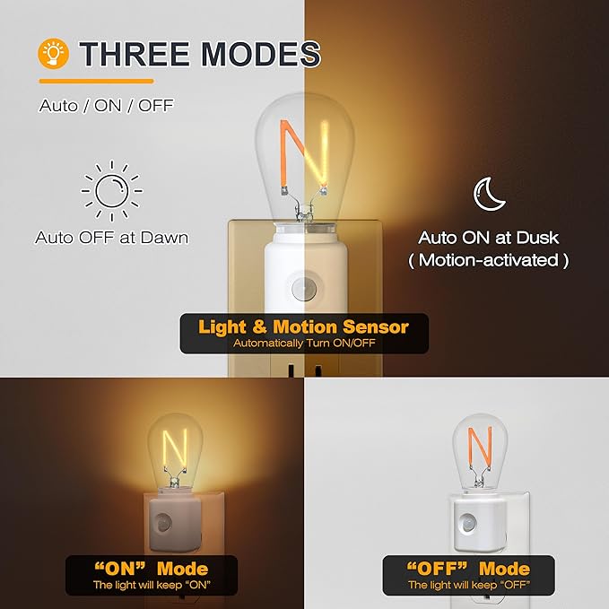 Amber Night Light with Motion Sensor, 10-100LM 2200K Dimmable N-Type Plug-in Nightlight for Bedroom, Bathroom, Hallway, Stairs, Pet House, Toilet, 1-Pack