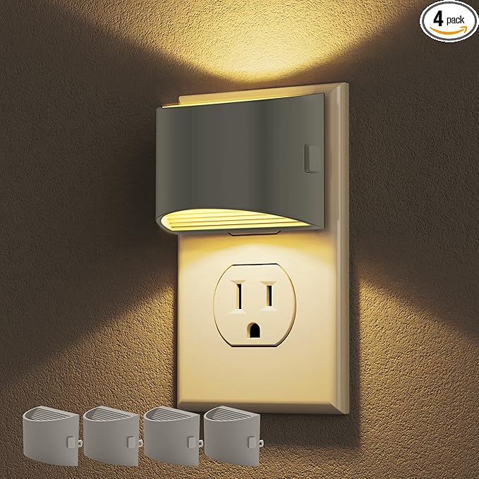 DORESshop LED Night Light[4 Pack], Night Lights Plug into Wall, 3 Level Brightness Adjustable Plug in Night Light, Dusk to Dawn Sensor Nightlights for Adults, Bedroom, Hallway, 3000K, Gray Cover