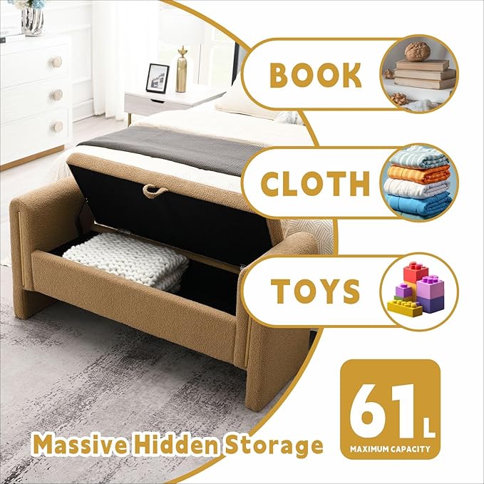Modern 52" Storage Ottoman Bench, Upholstered End of Bed Storage Bench with Armrests, Entryway Bench, Teddy Foot Rest Stool for Living Room Hallway Bedroom (Coffee Brown)