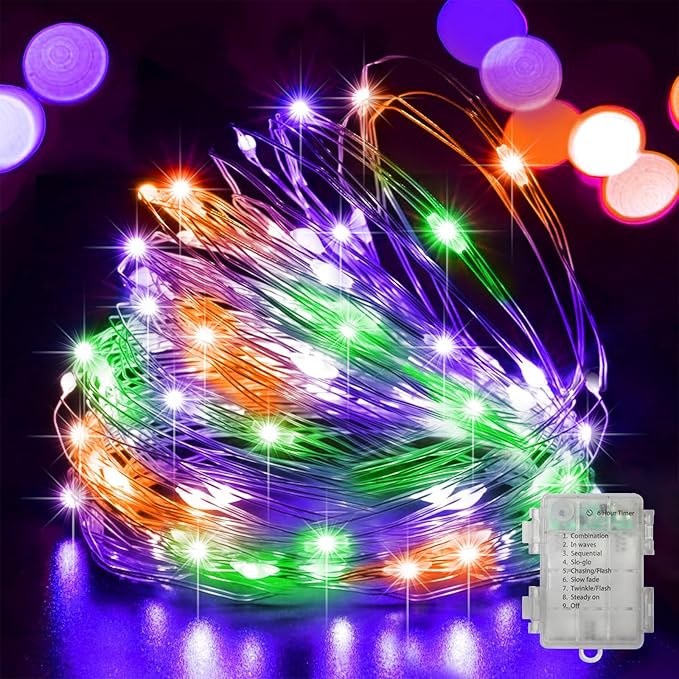 LAMPHOME 100 LED 33FT Halloween Fairy Lights Battery Operated with Remote, Mini Starry String Lights,Multi Functions & Timer, Twinkle Light for Home Bedroom DIY Centerpiece Decor,Orange Purple Green