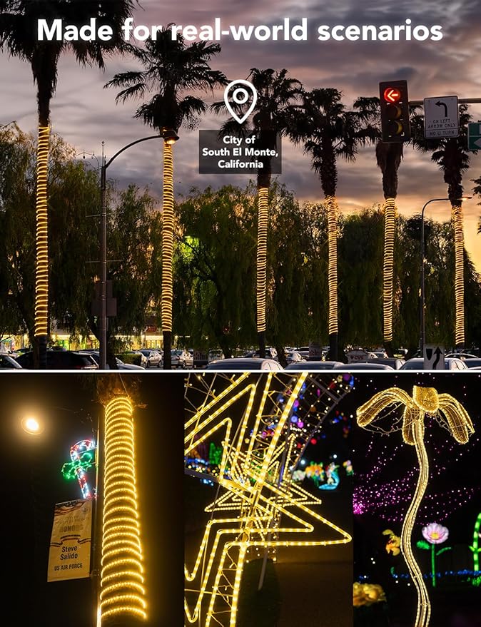 WYZworks 1116LEDs 100ft LED Outside Rope Lights, Outdoor ETL Certified Waterproof Permanent 360 Degree Light Emitting, Flexible Tube, Connectable, Christmas Palm Tree Exterior Landscape, Warm White