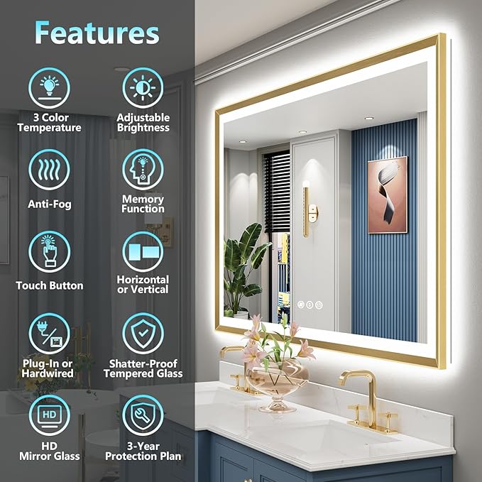 66x36 Gold Beveled LED Bathroom Mirror with Lights, Brushed Gold Framed Backlit and Front Lit Anti-Fog Lighted Vanity Mirrors for Bathroom Wall, Dimmable, 3 Colors, Memory, HD Tempered Glass