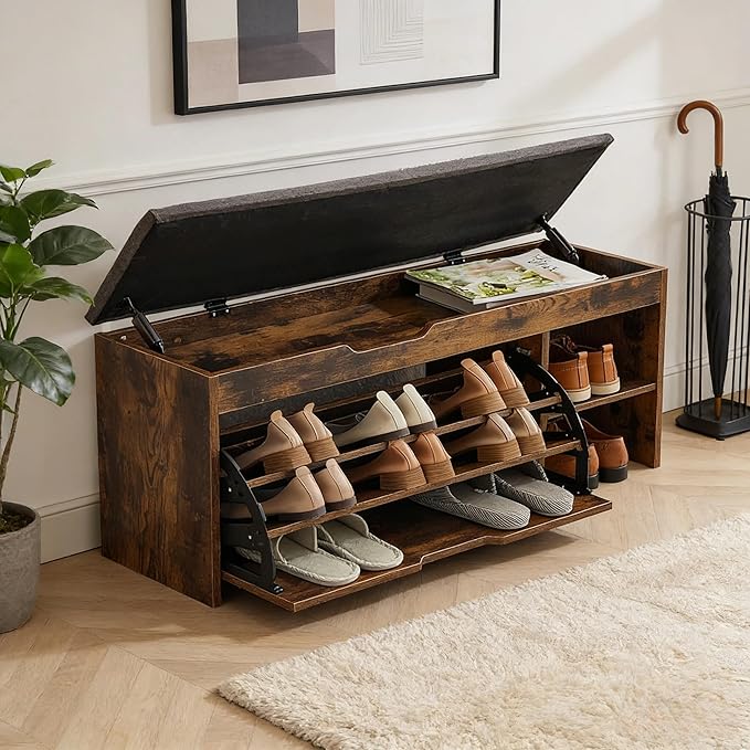 Shoe Storage Bench with a Flip Drawer, Entryway Bench with Removable Cushion, Hallway & Mudroom Organizer with Seat, Front Door Shoe Rack Cabinet, Brown