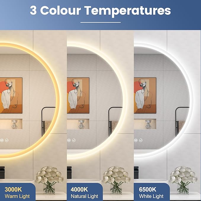 STARLEAD 28" Round LED Bathroom Mirror with Bluetooth Speaker, Dimmable Lighting, 3 Color Modes, Anti-Fog, Touch Control Wall Mounted Vanity Mirror
