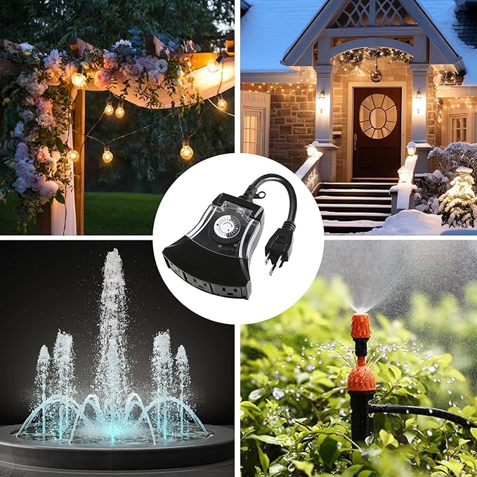 Outdoor Timer Outlet Waterproof, 24 Hour Mechanical Timer Outlet for Home and Garden, 3 Grounded, 15A 3/4HP, Black, 2 Pack