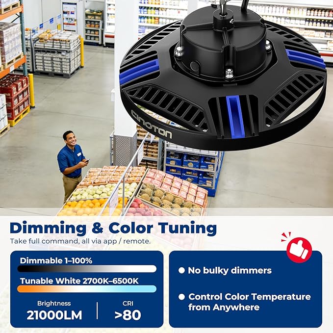 CINOTON Smart UFO LED High Bay Light 150W 21000lm, 2700K-6500K 1-100% Brightness Stepless Dimm Aluminum Shop Lights, ETL Listed Lighting for Garage Factory, APP/Alexa/Remote Control, 120-277V, 1 Pack