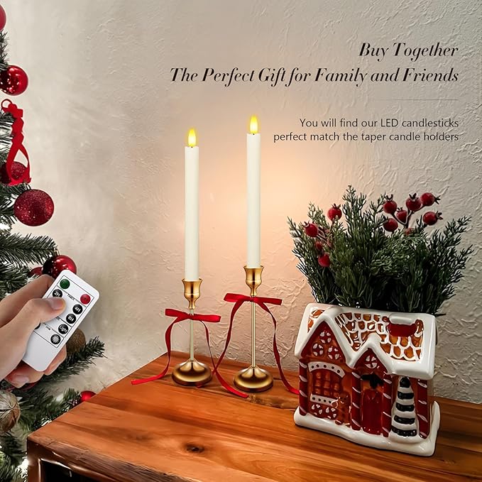 Upgraded Real Wax LED Flameless Taper Candles with Remote, KSWING 6 PCS Ivory Candle Sticks Battery Operated 3D Flickering - 9.6" Long Realistic Fake Candlesticks for Home/Wedding/Fireplace Xmas Decor